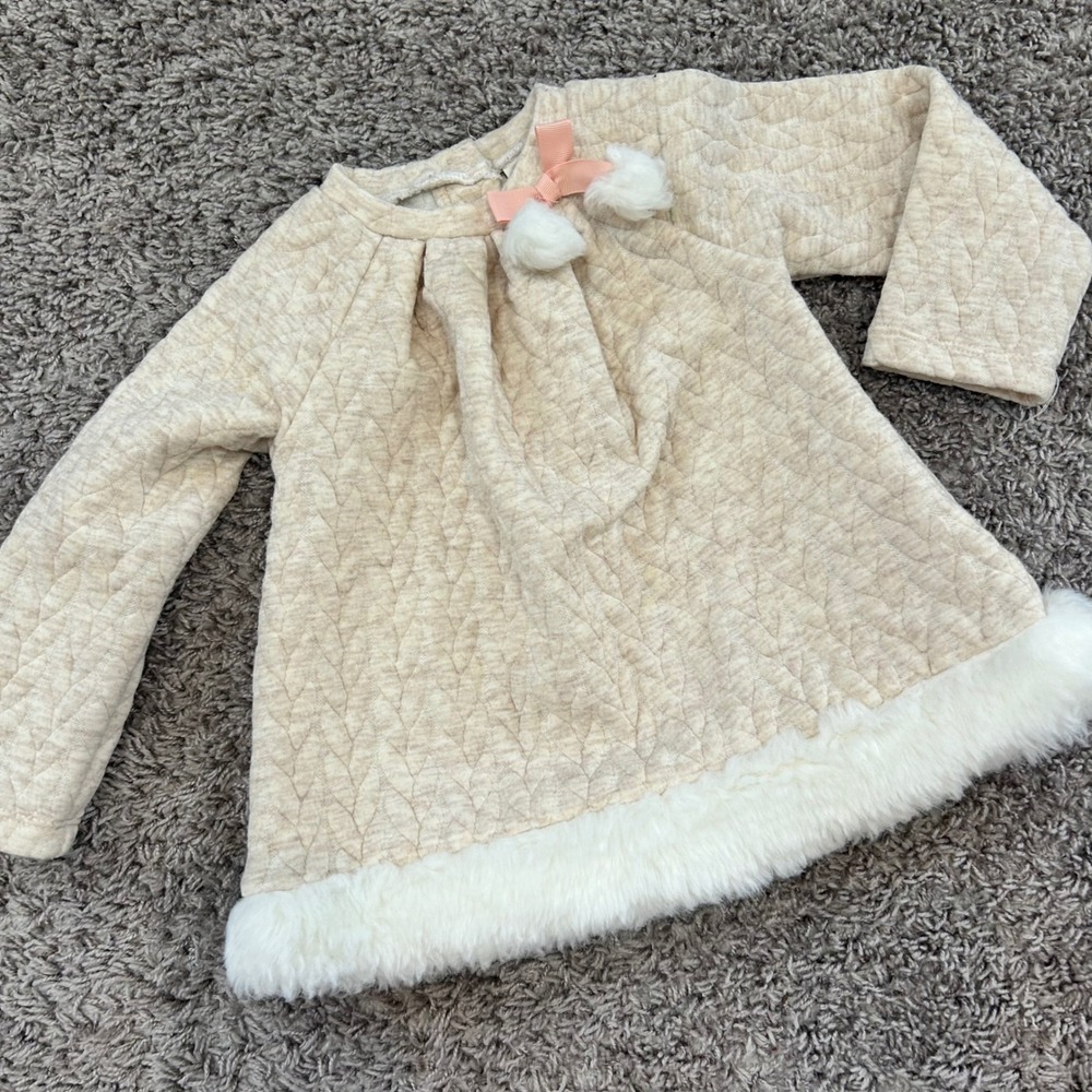 Max Studio Baby Quilted Dress Bow Pom Poms Ivory‎ Fuzzy Trim 18m